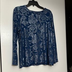 Chico's Navy Blue Metallic Paisley Long-Sleeve Top